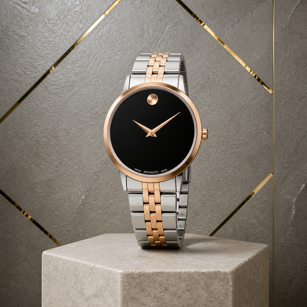 Movado Museum Classic two-tone black dial watch on stone pedestal in grey and gold office