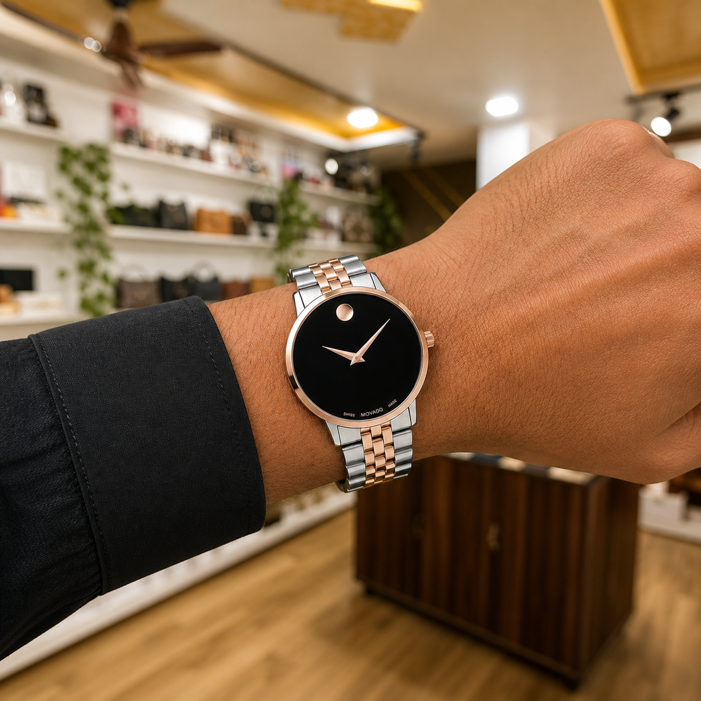 Movado Museum Classic two-tone black dial watch worn on wrist in the PRIMEPICKS showroom
