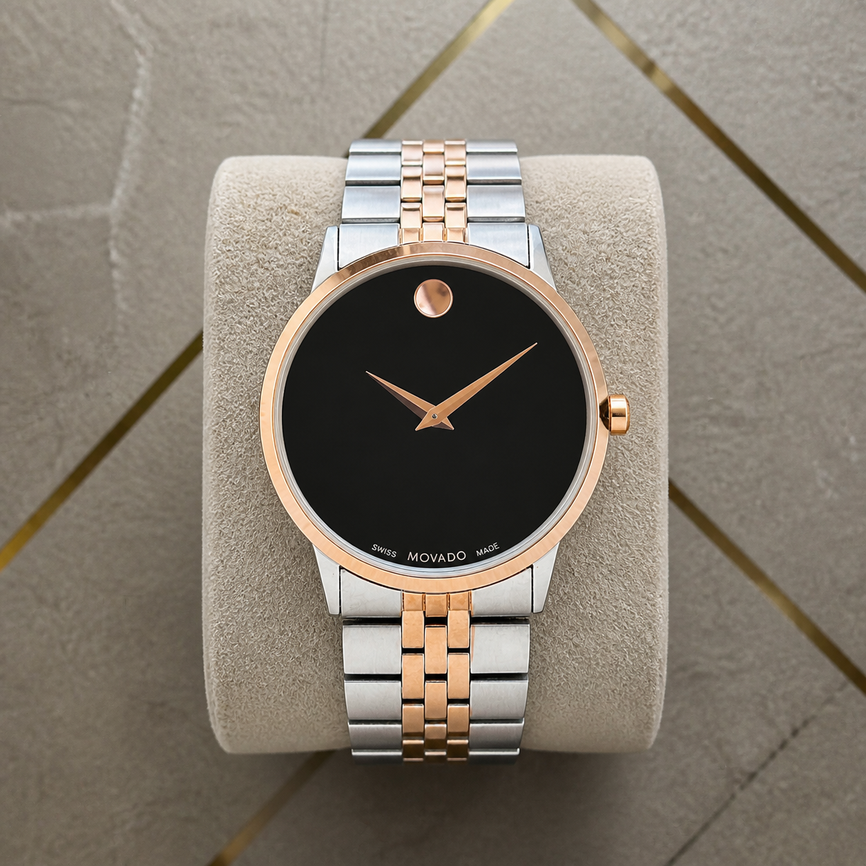 Movado Museum Classic black Museum dial and two-tone bracelet close-up