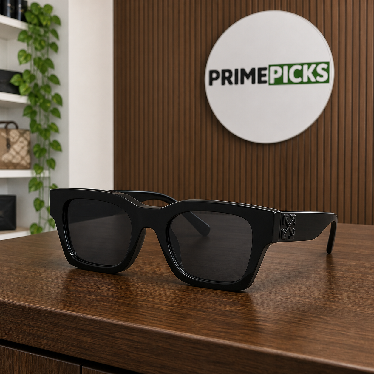 Off-White glossy black geometric rectangular sunglasses hero view in the PrimePicks office