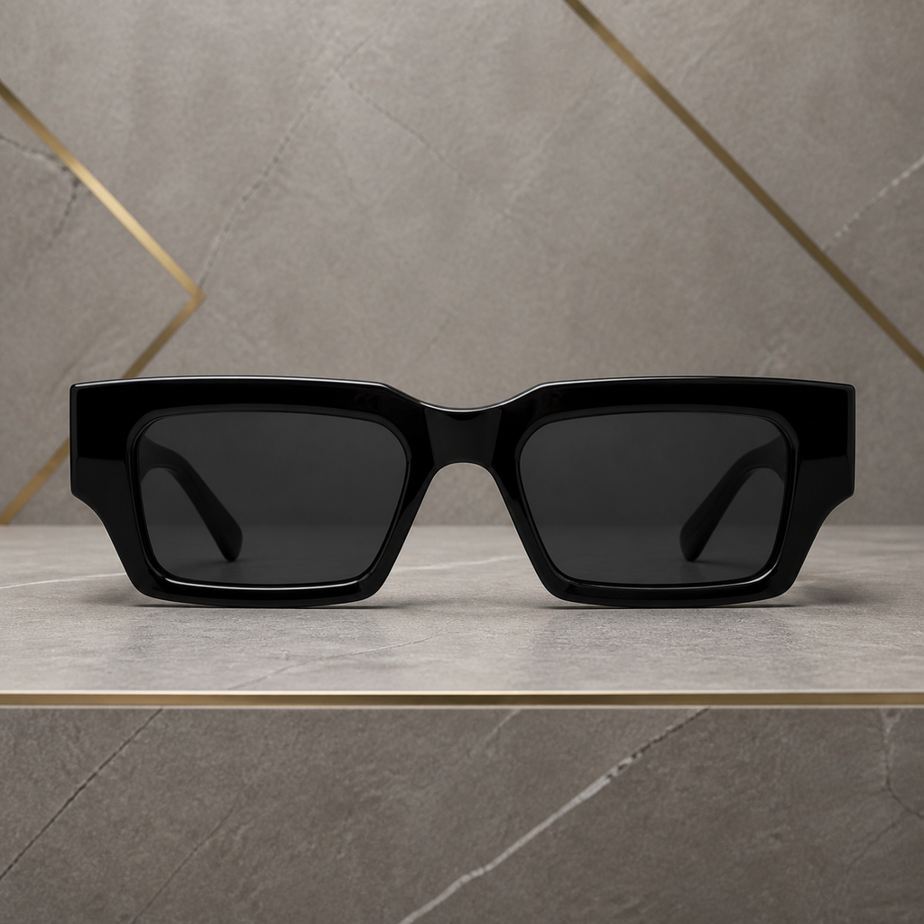 Off-White glossy black geometric sunglasses straight-on front view