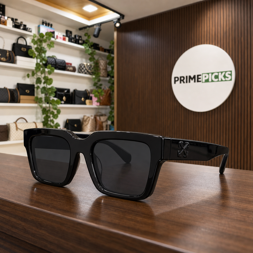 Off-White black sunglasses lifestyle view in the PrimePicks office