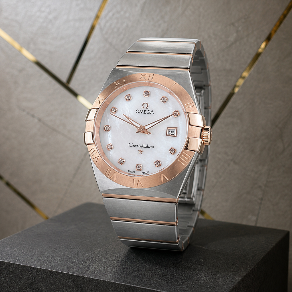 Close-up of Omega Constellation two-tone watch in the Primepicks office