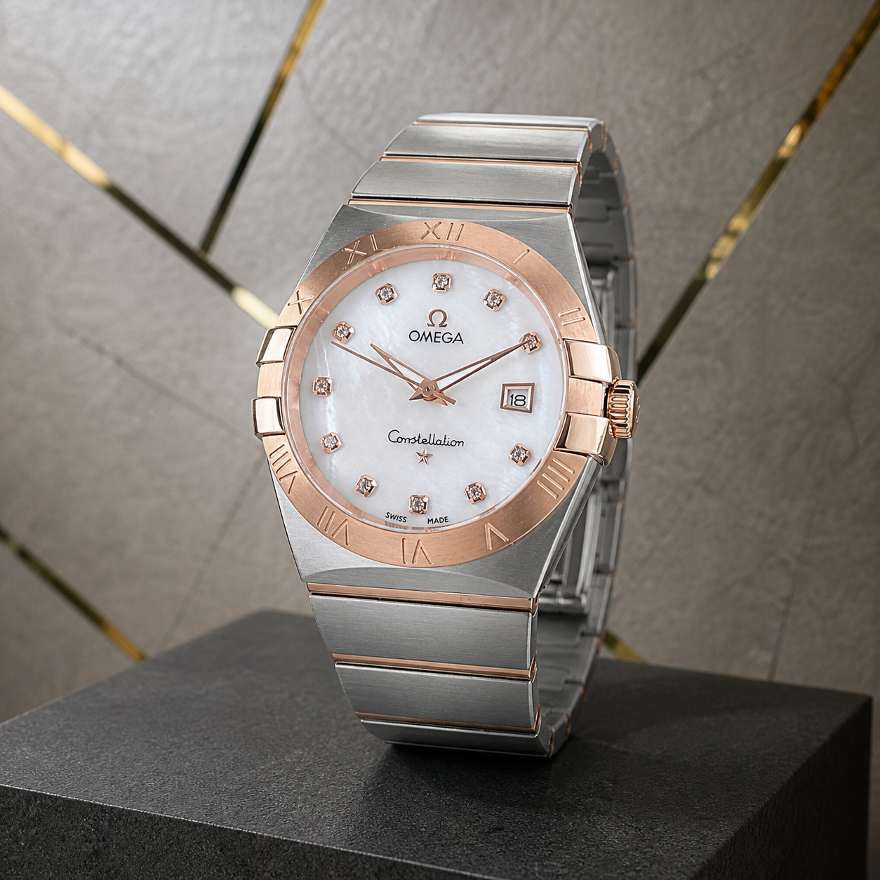 Close-up of Omega Constellation two-tone watch in the Primepicks office