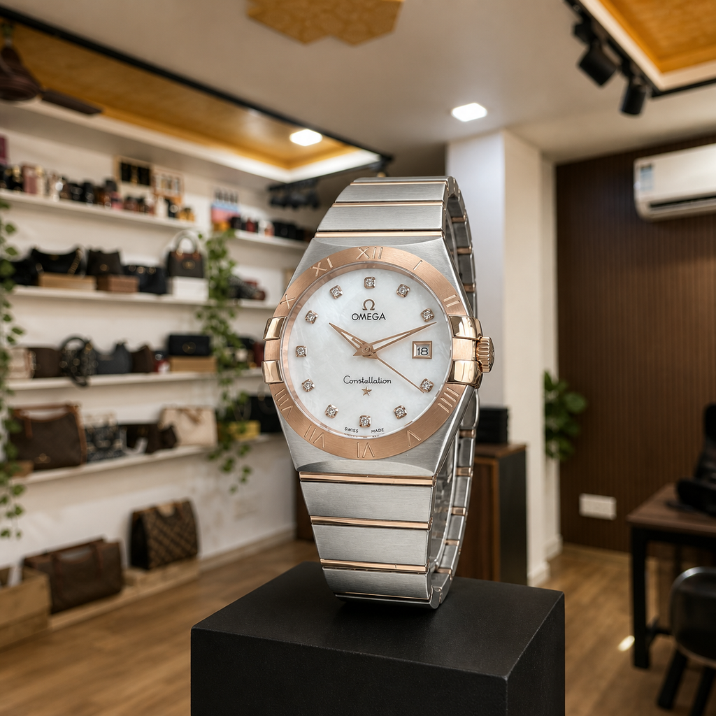 Omega Constellation two-tone watch displayed upright in the full Primepicks office interior