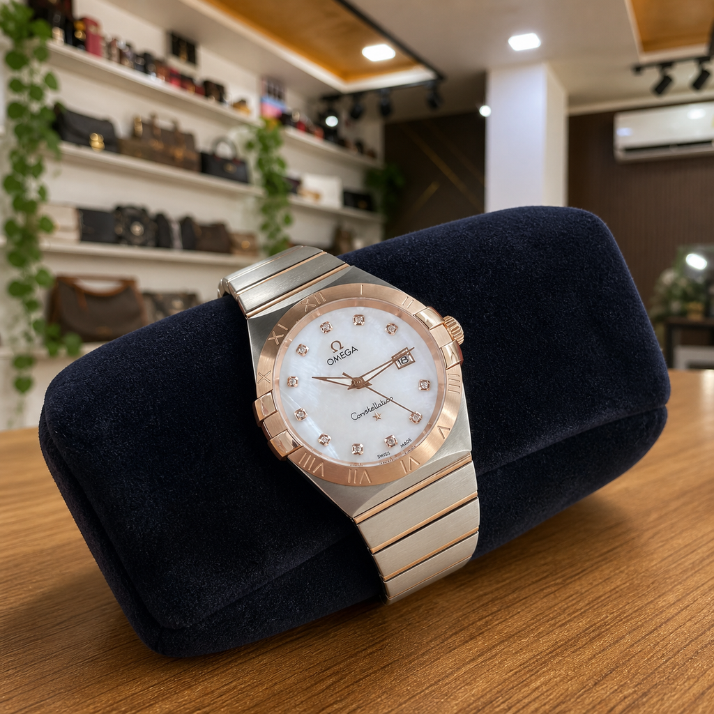 Omega Constellation two-tone watch on a navy display cushion in the Primepicks office