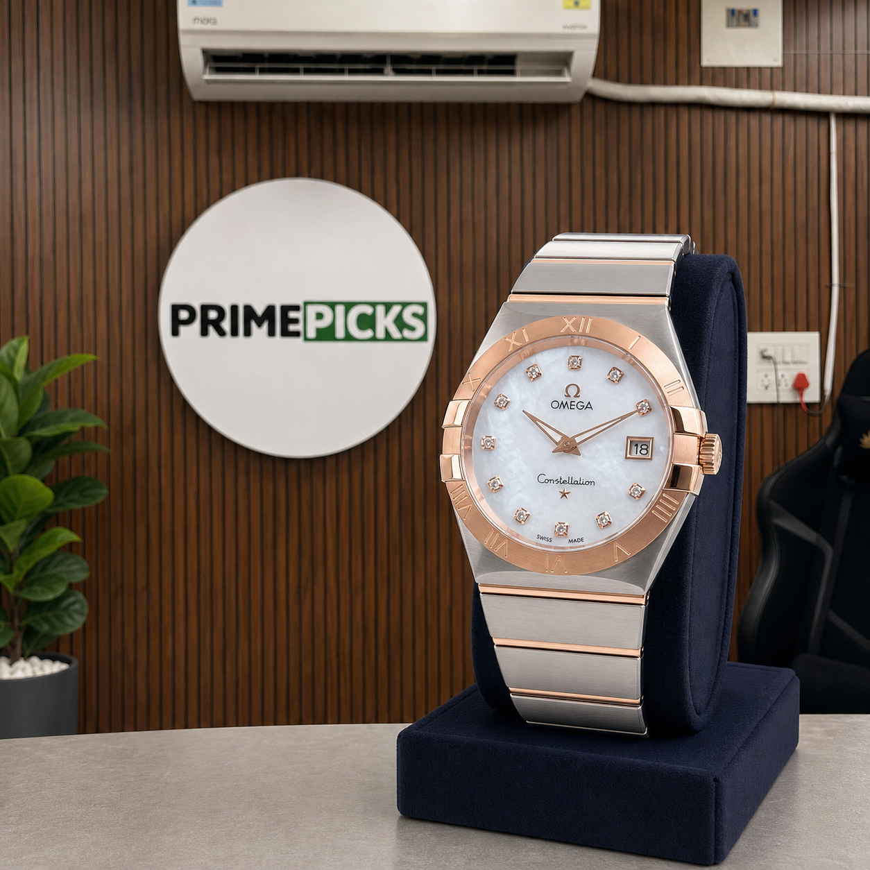 Omega Constellation two-tone watch beside the complete PRIMEPICKS logo board