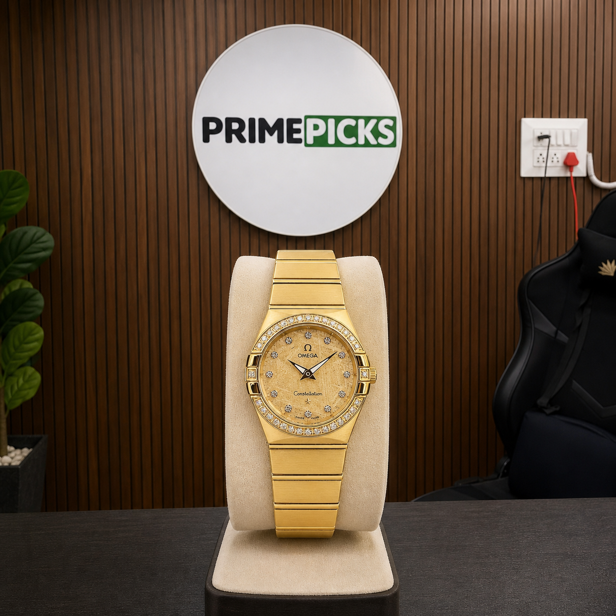 Omega Constellation rose-gold-tone women’s watch with full PRIMEPICKS office logo board