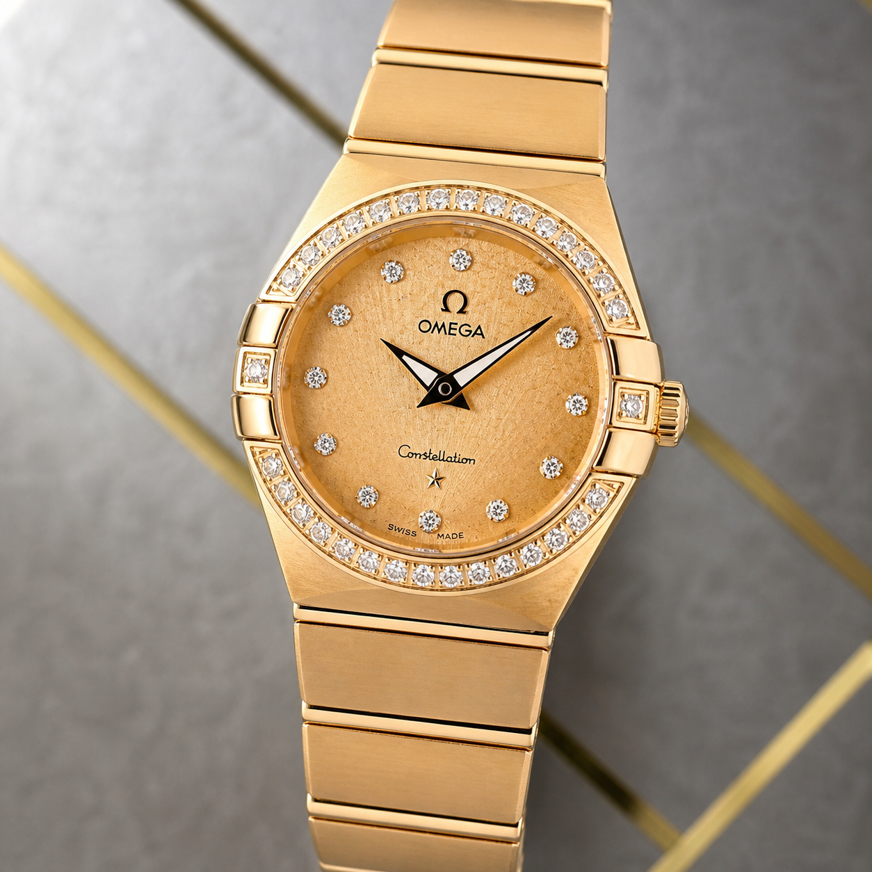 Omega Constellation sunray dial, diamond-style markers and bezel close-up