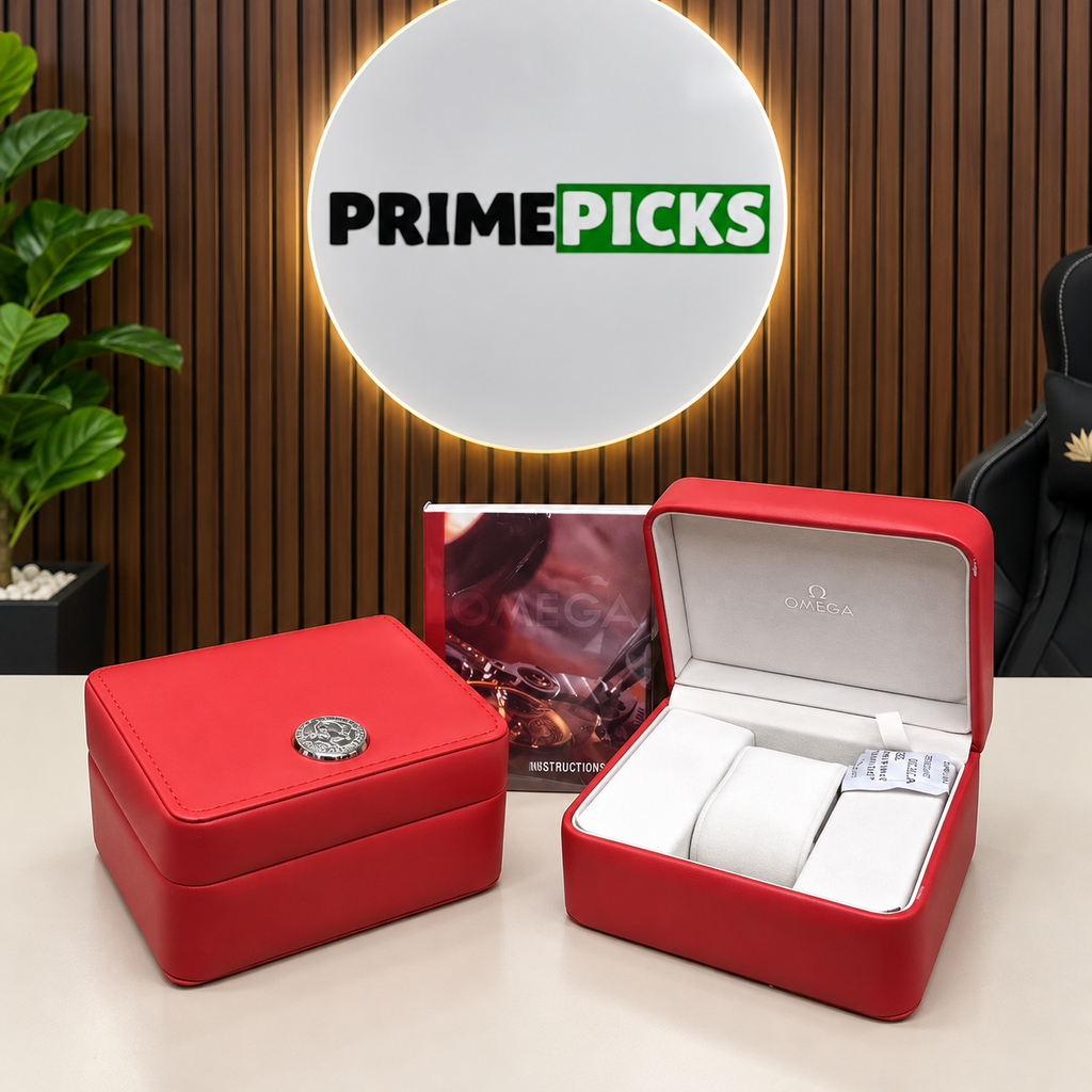 Red Omega-branded OG watch box set displayed in the PrimePicks office