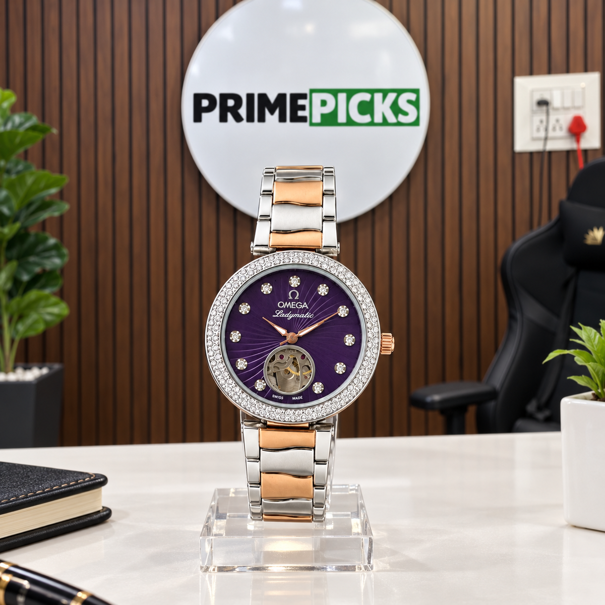Omega Ladymatic purple dial watch displayed in the PrimePicks office