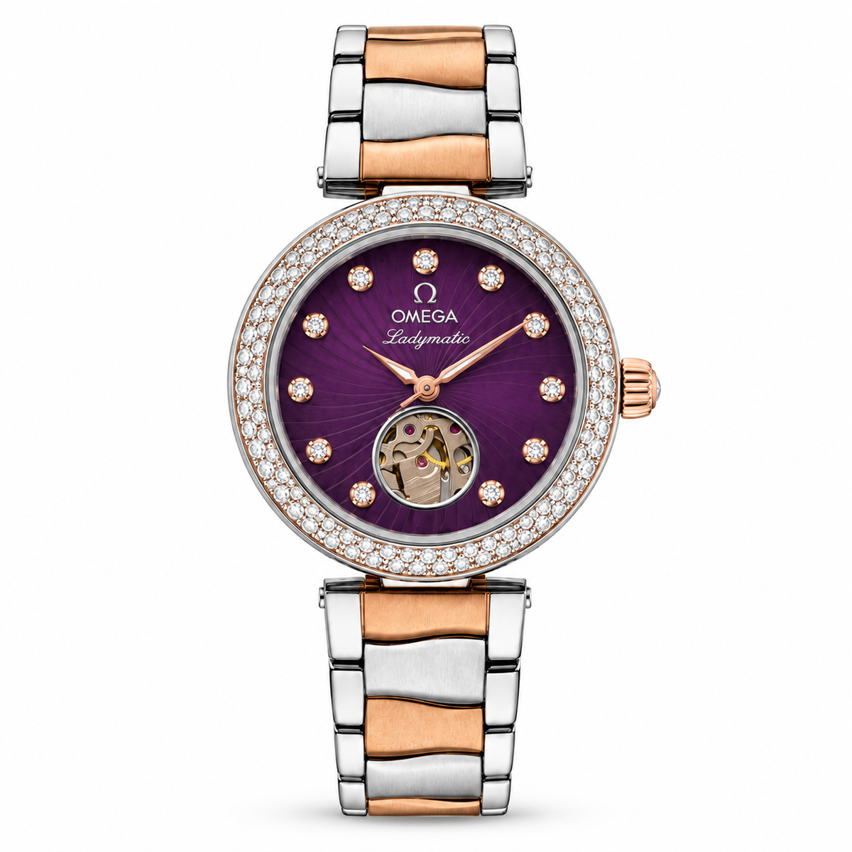 Omega Ladymatic purple dial open-heart two-tone women’s watch on white background