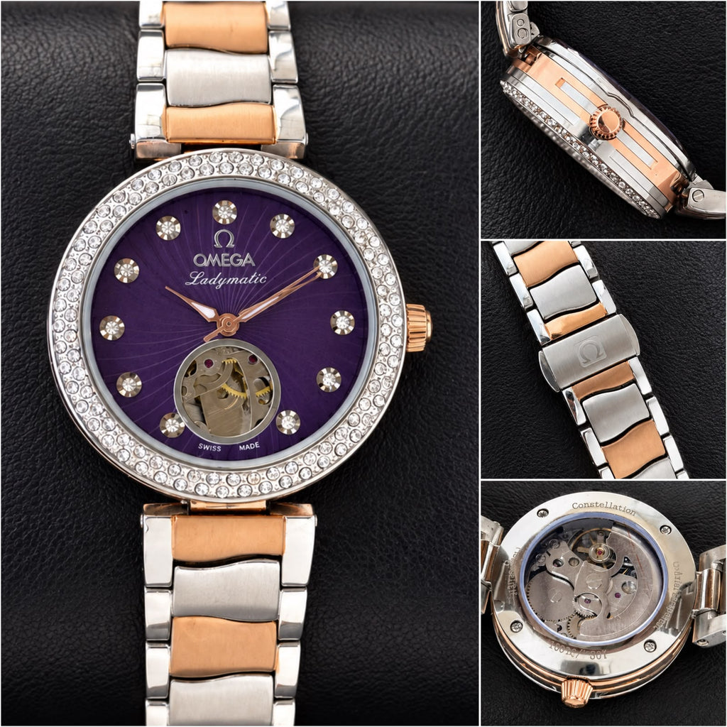 Omega Ladymatic watch front, side, clasp and exhibition case-back details