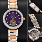 Omega Ladymatic watch front, side, clasp and exhibition case-back details