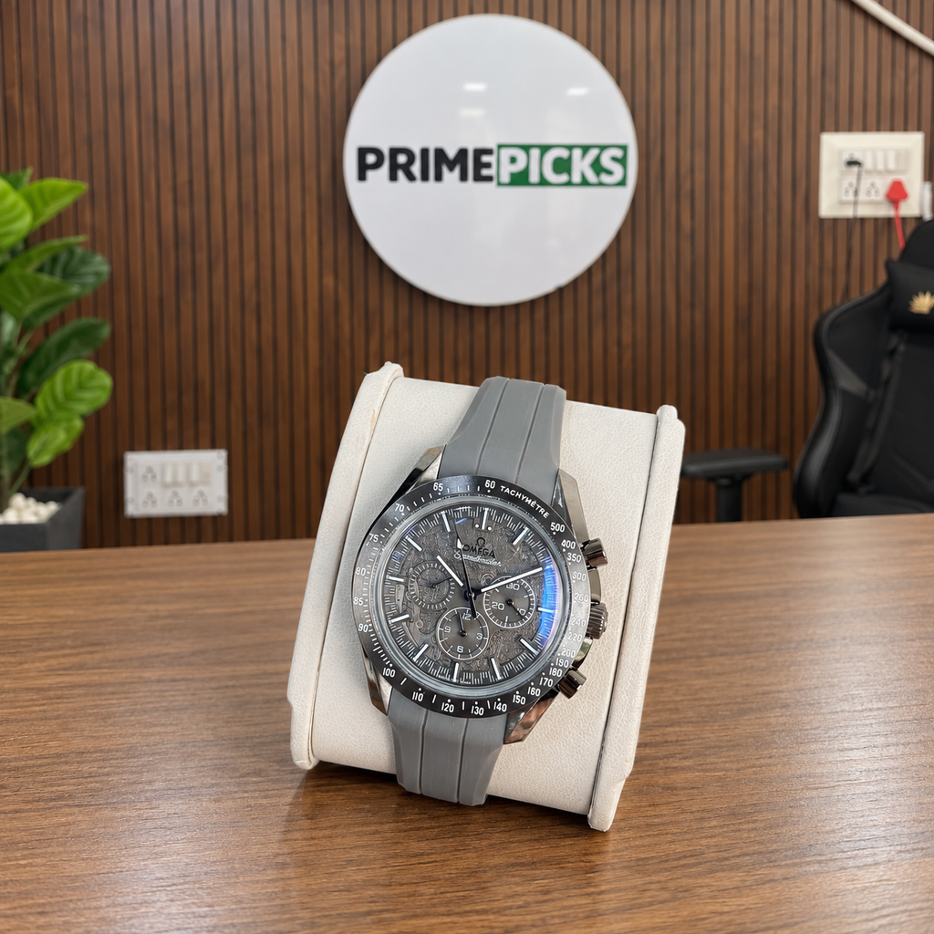 Omega Speedmaster grey watch angled view in the PrimePicks office