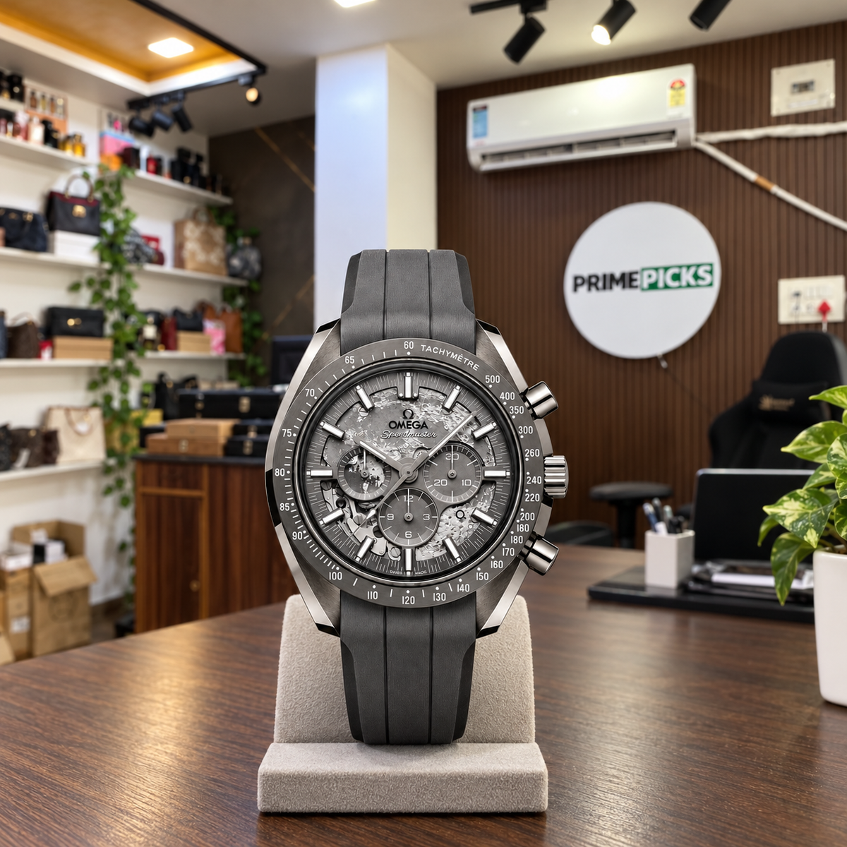 Omega Speedmaster grey watch photographed in the PrimePicks office