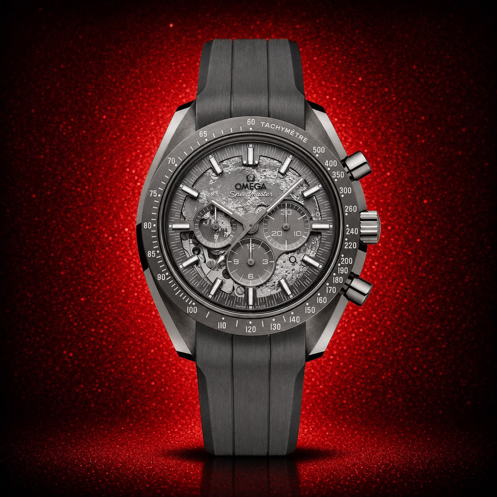 Omega Speedmaster grey watch on red background