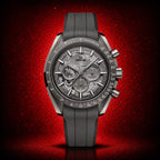 Omega Speedmaster grey watch on red background