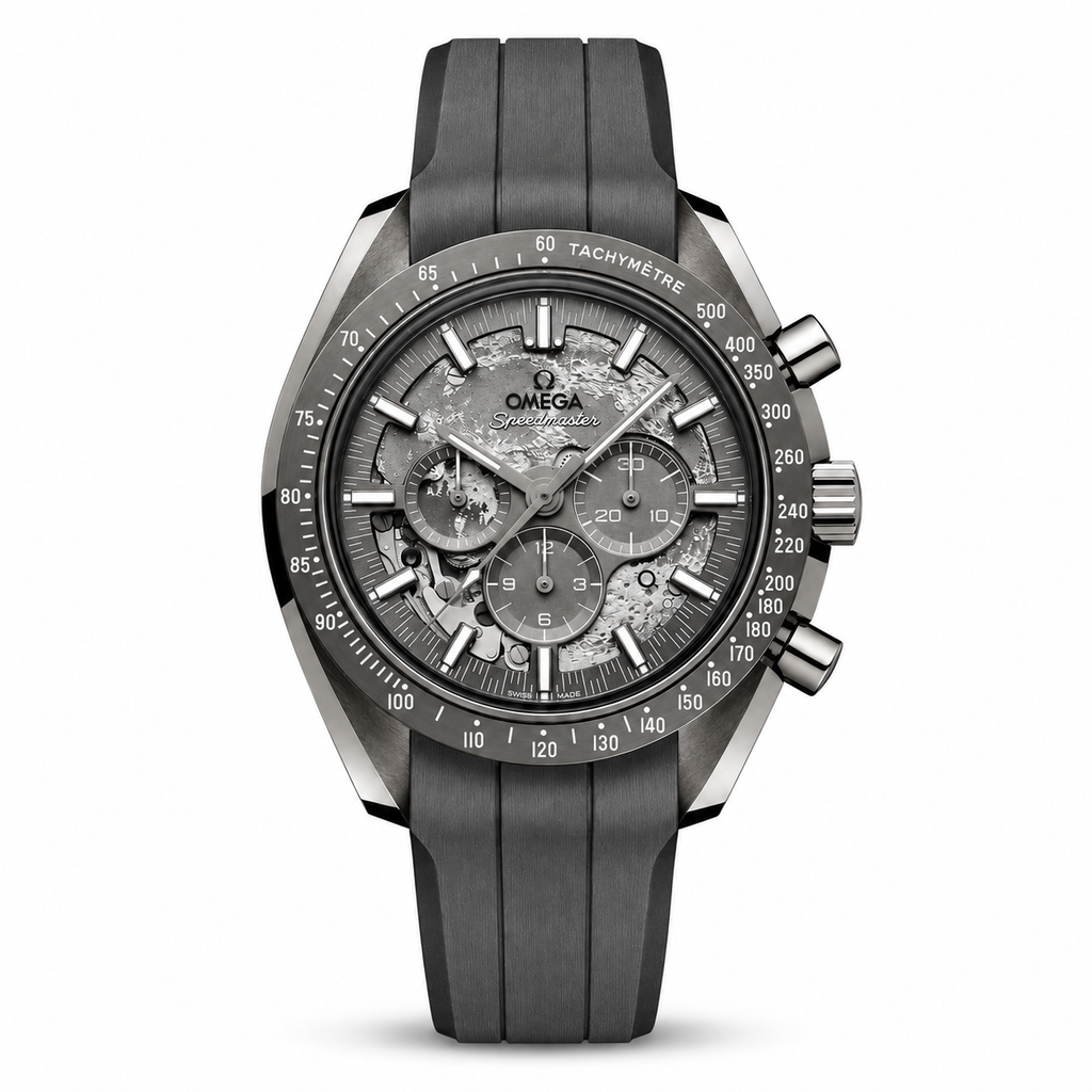 Omega Speedmaster grey automatic watch on white background