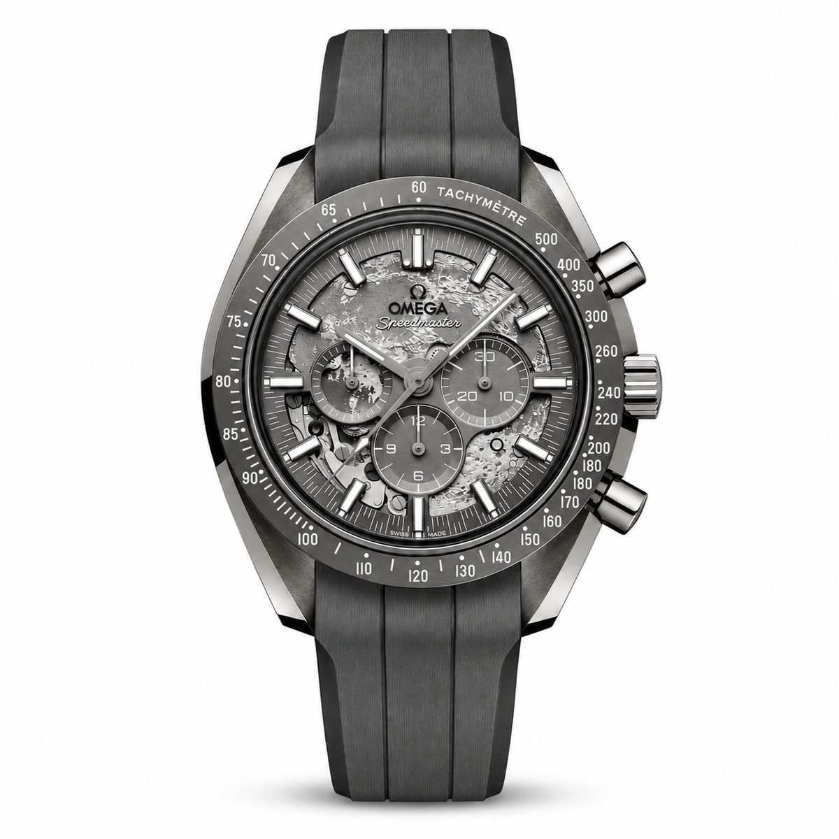 Omega Speedmaster grey automatic watch on white background