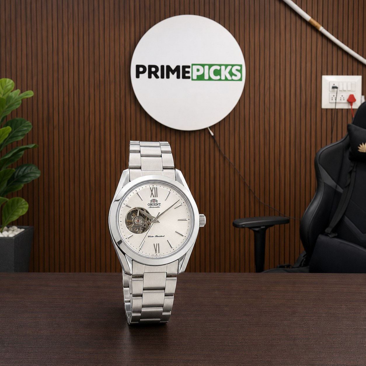 Orient open-heart automatic men’s watch with ivory dial beside the complete PRIMEPICKS logo board