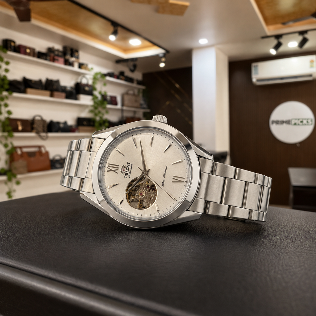 Three-quarter view of Orient open-heart automatic men’s watch on a dark display pad in the Primepicks office