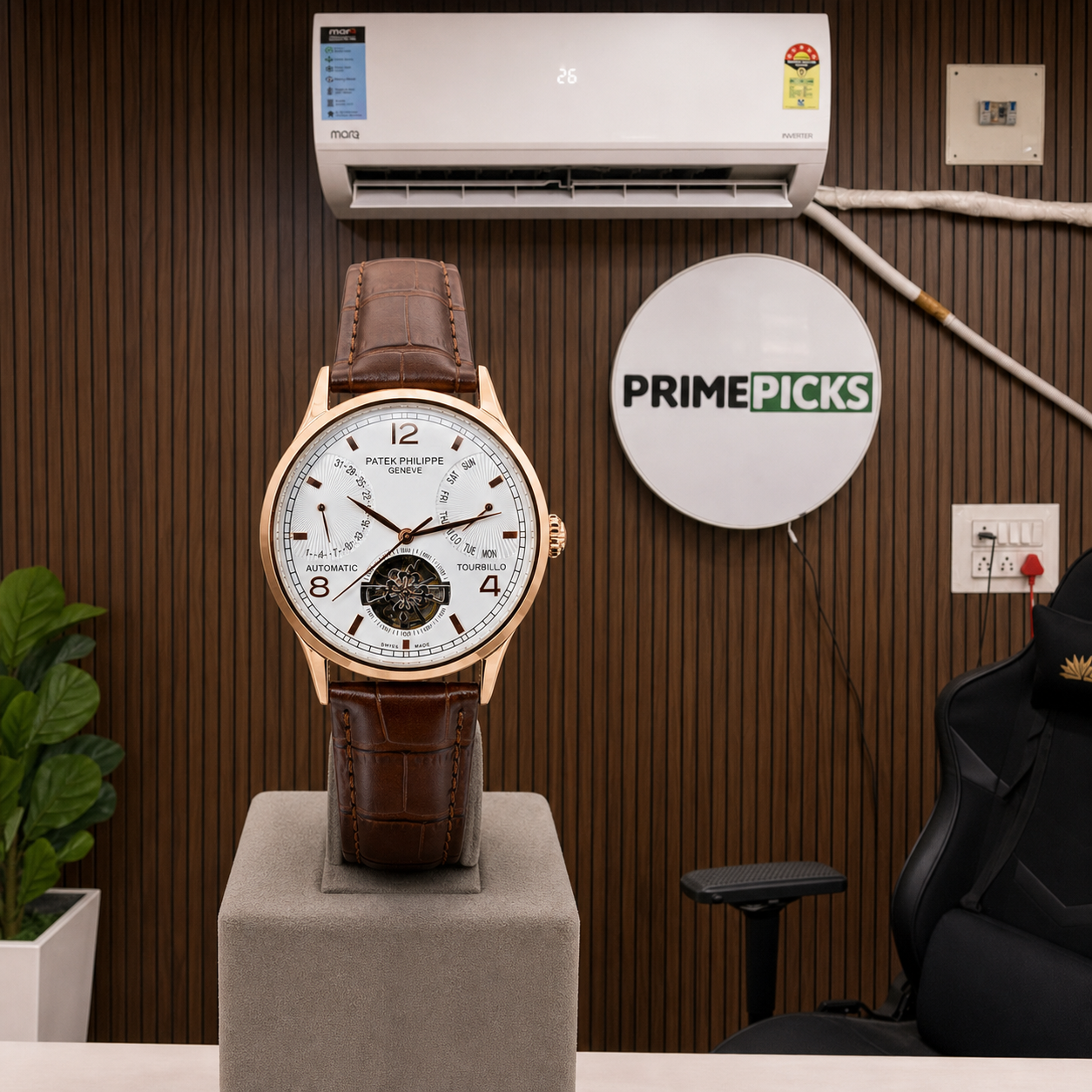Patek Philippe automatic open-heart watch with full Primepicks logo board