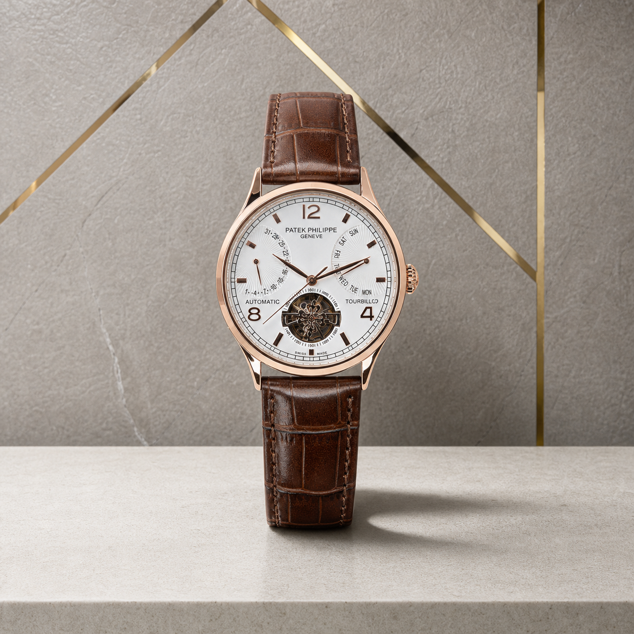 Patek Philippe white-dial open-heart watch on grey and gold office wall