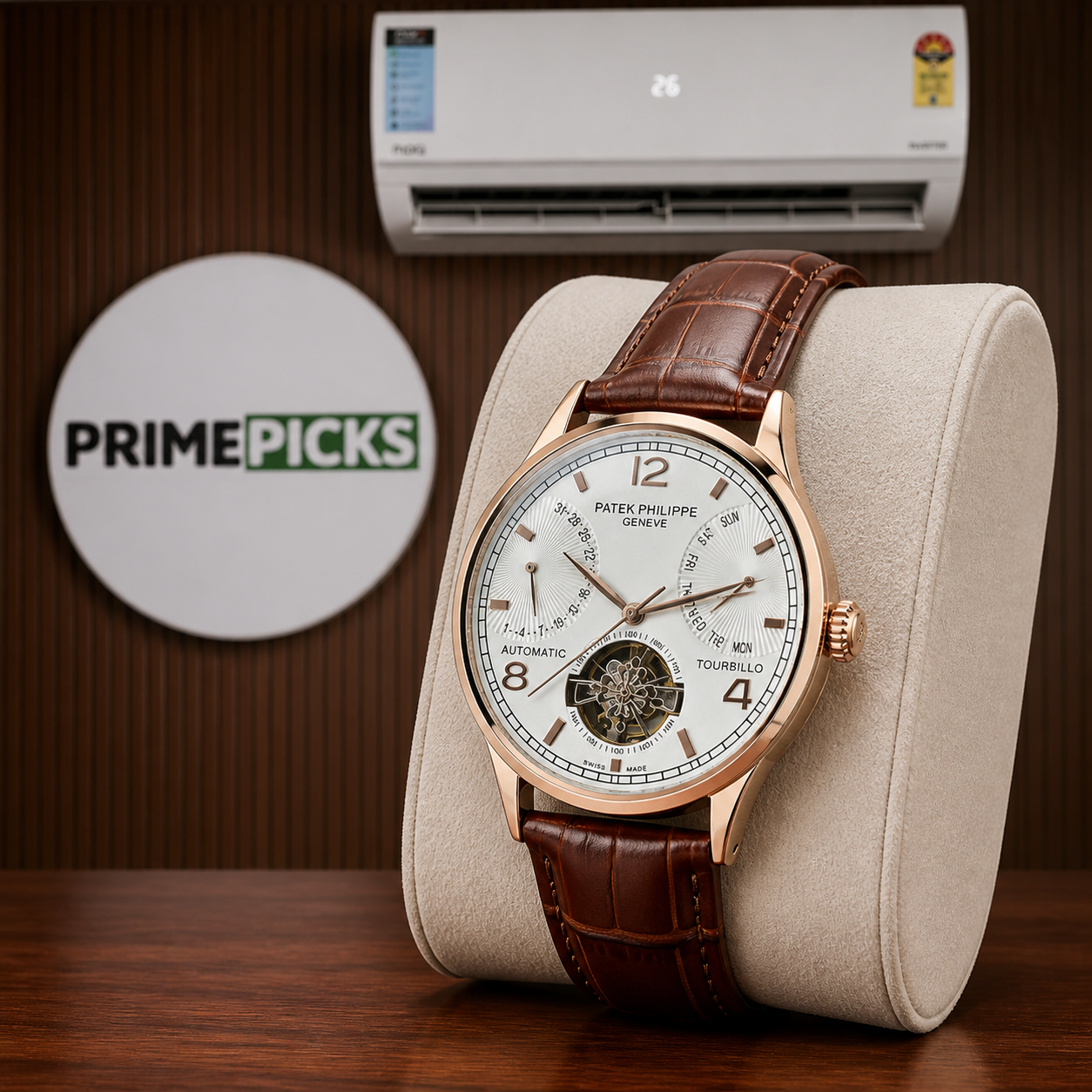 Patek Philippe rose-gold-tone open-heart watch on walnut office backdrop