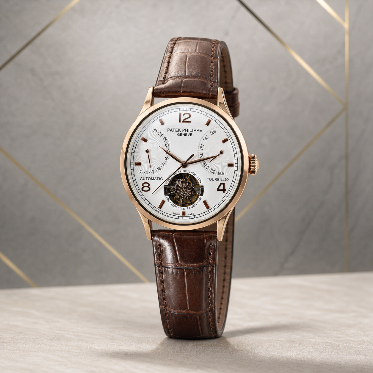 Patek Philippe automatic white-dial watch with brown leather strap detail