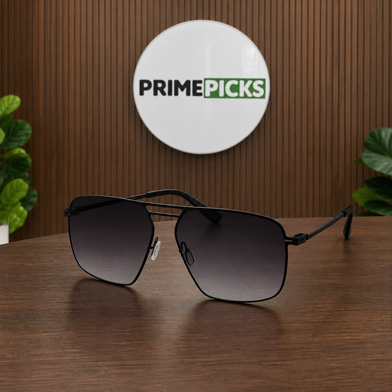 Porsche Design black double-bridge square sunglasses hero view in the PrimePicks office