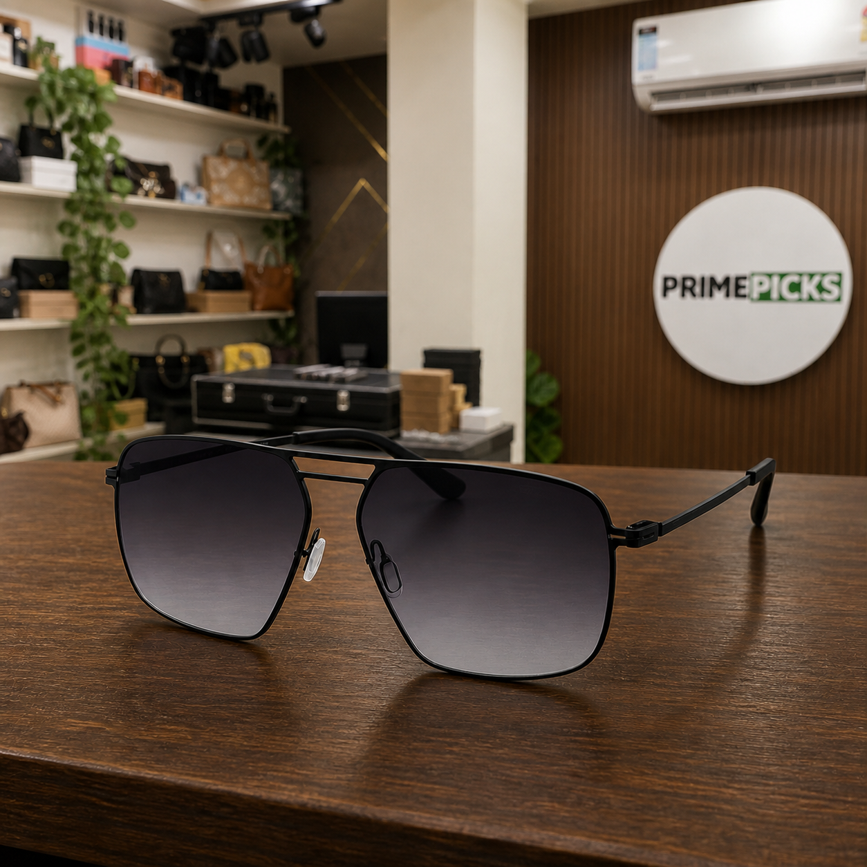 Porsche Design black and grey sunglasses lifestyle view in the PrimePicks office