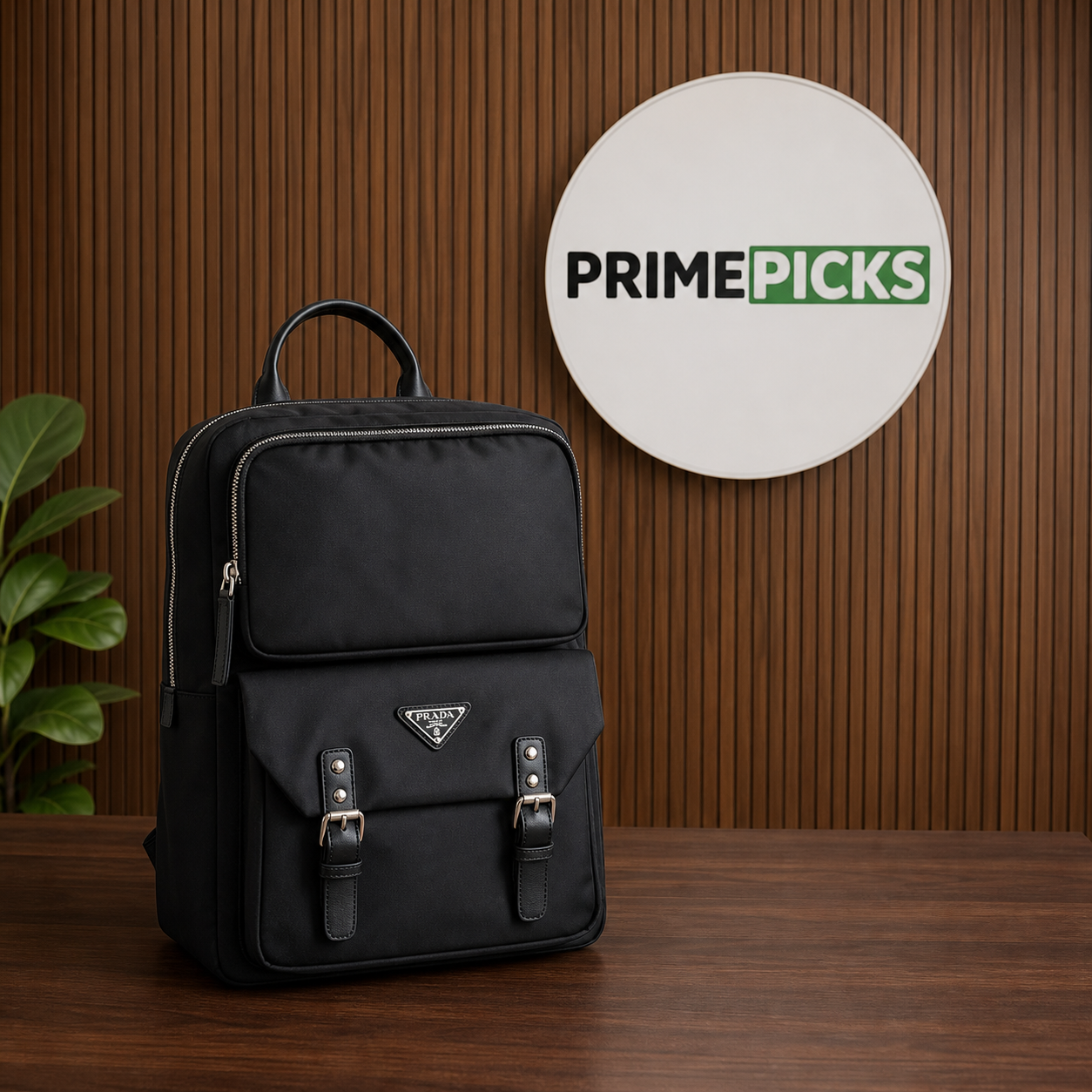 Prada black Re-Nylon laptop backpack in front of full Primepicks logo board