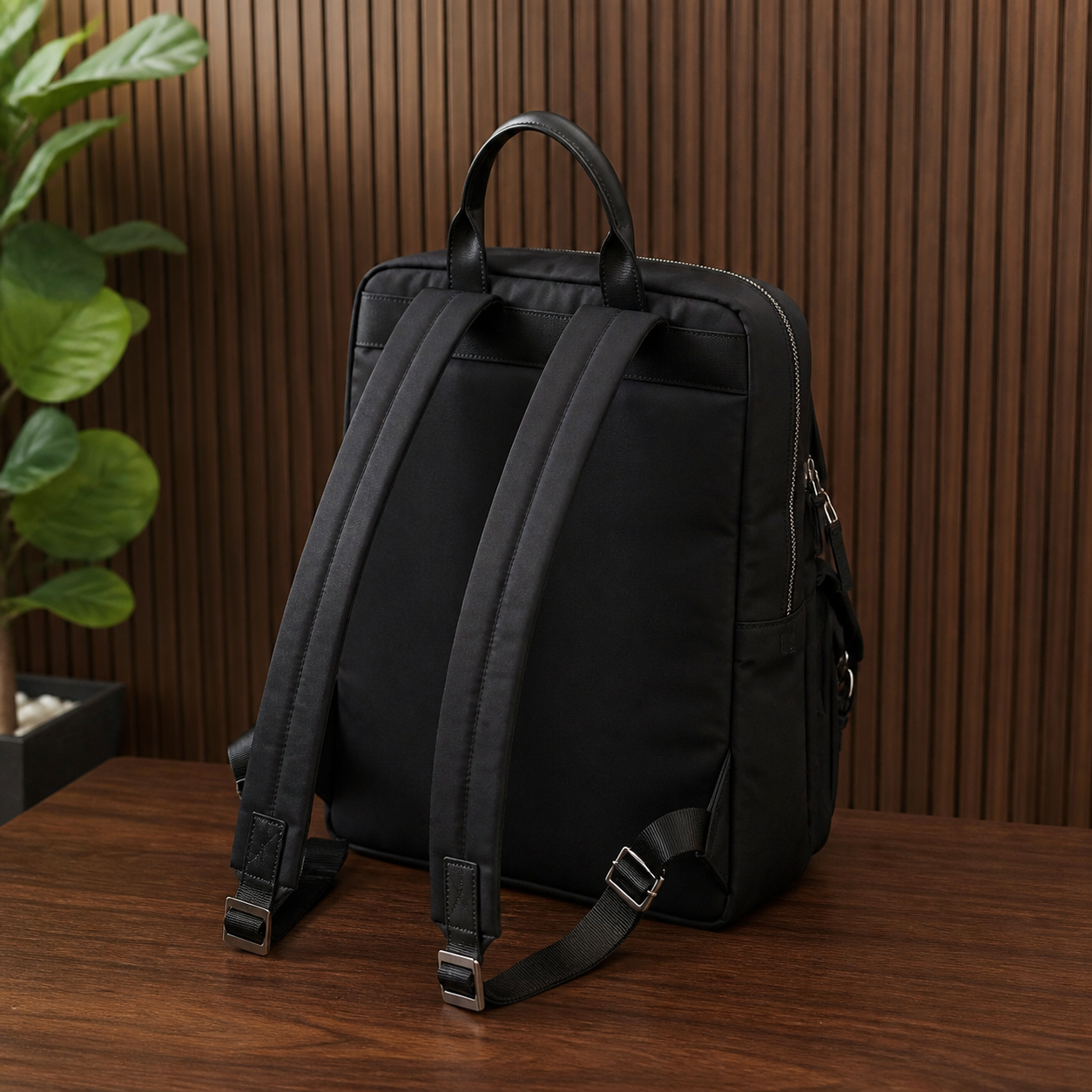 Rear view of Prada black Re-Nylon backpack with padded adjustable shoulder straps