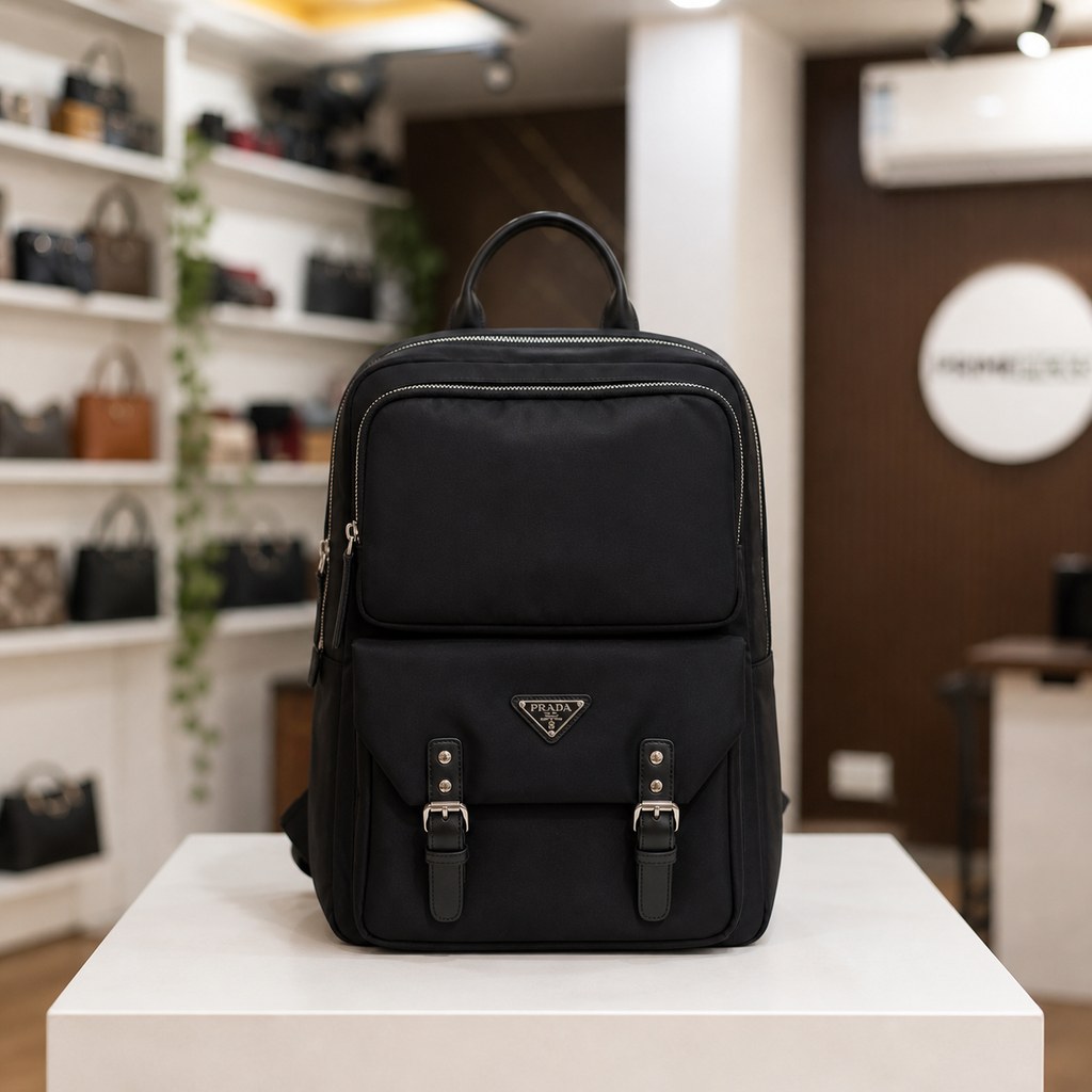 Prada black Re-Nylon laptop backpack front view in Primepicks showroom