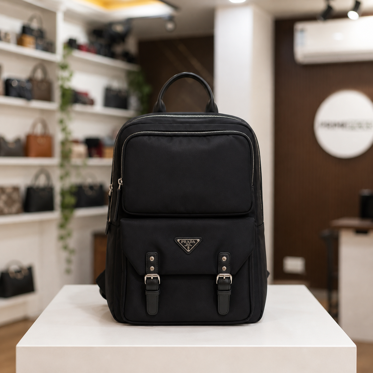 Prada black Re-Nylon laptop backpack front view in Primepicks showroom