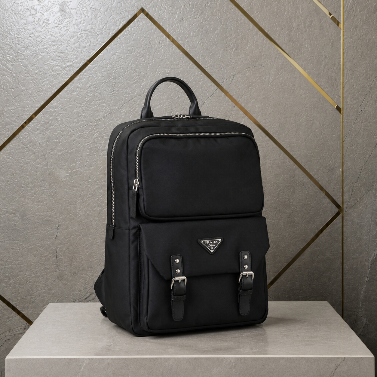 Prada black Re-Nylon laptop backpack three-quarter view on grey stone office background