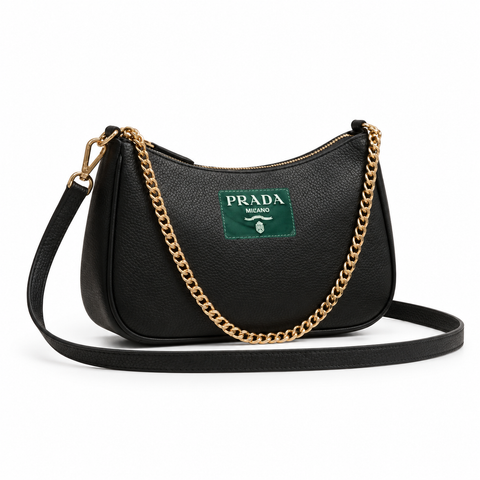 Prada-style black sling bag with green logo patch and gold-tone chain on white background