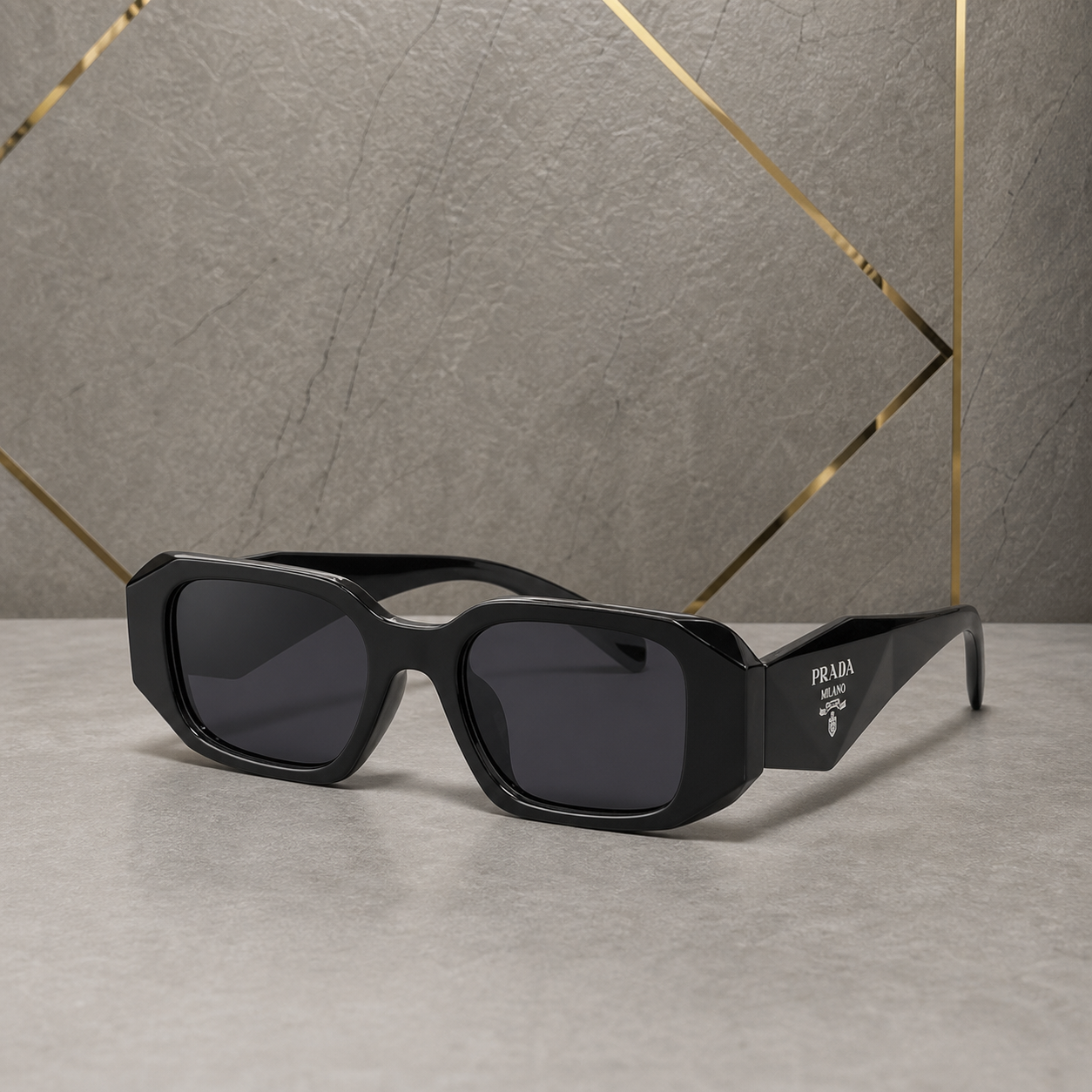 Prada Milano angular rectangular sunglasses in glossy black, hero view