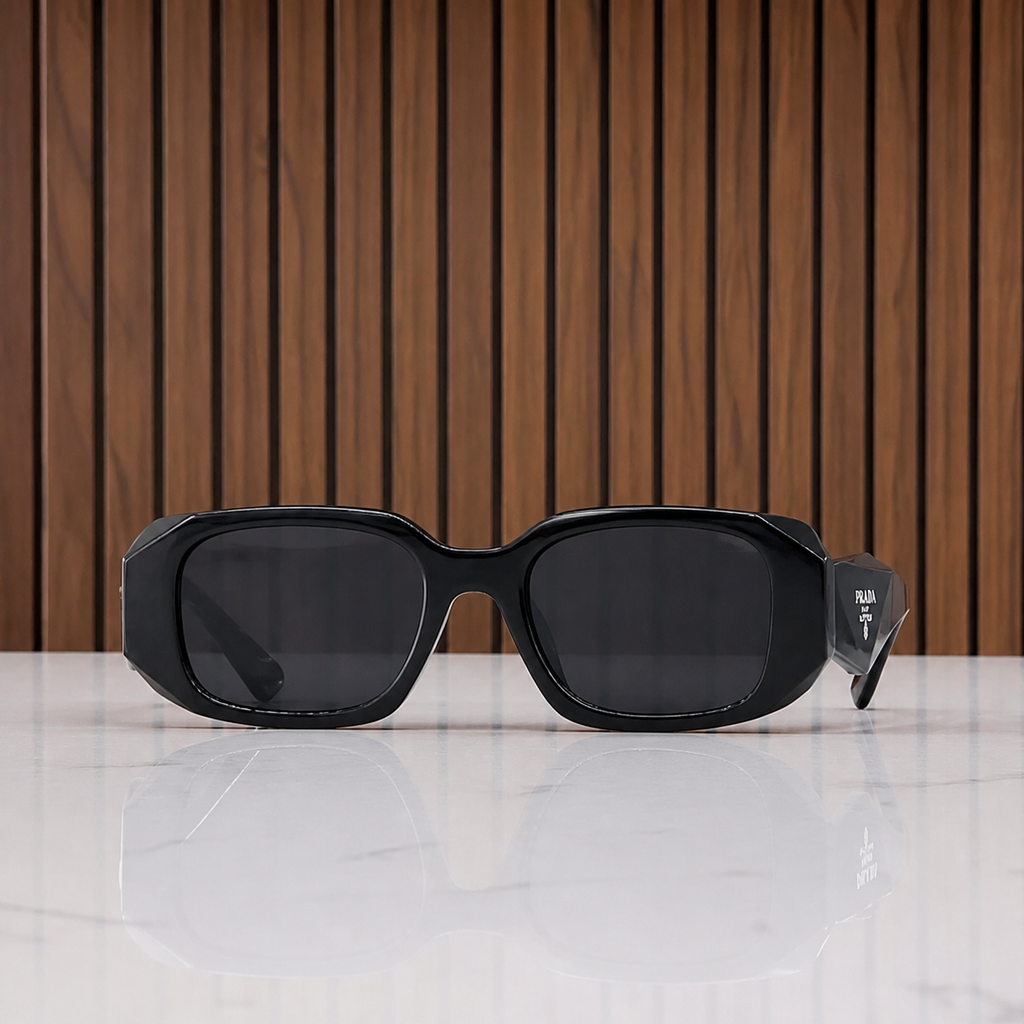 Prada Milano angular rectangular sunglasses in glossy black, front view