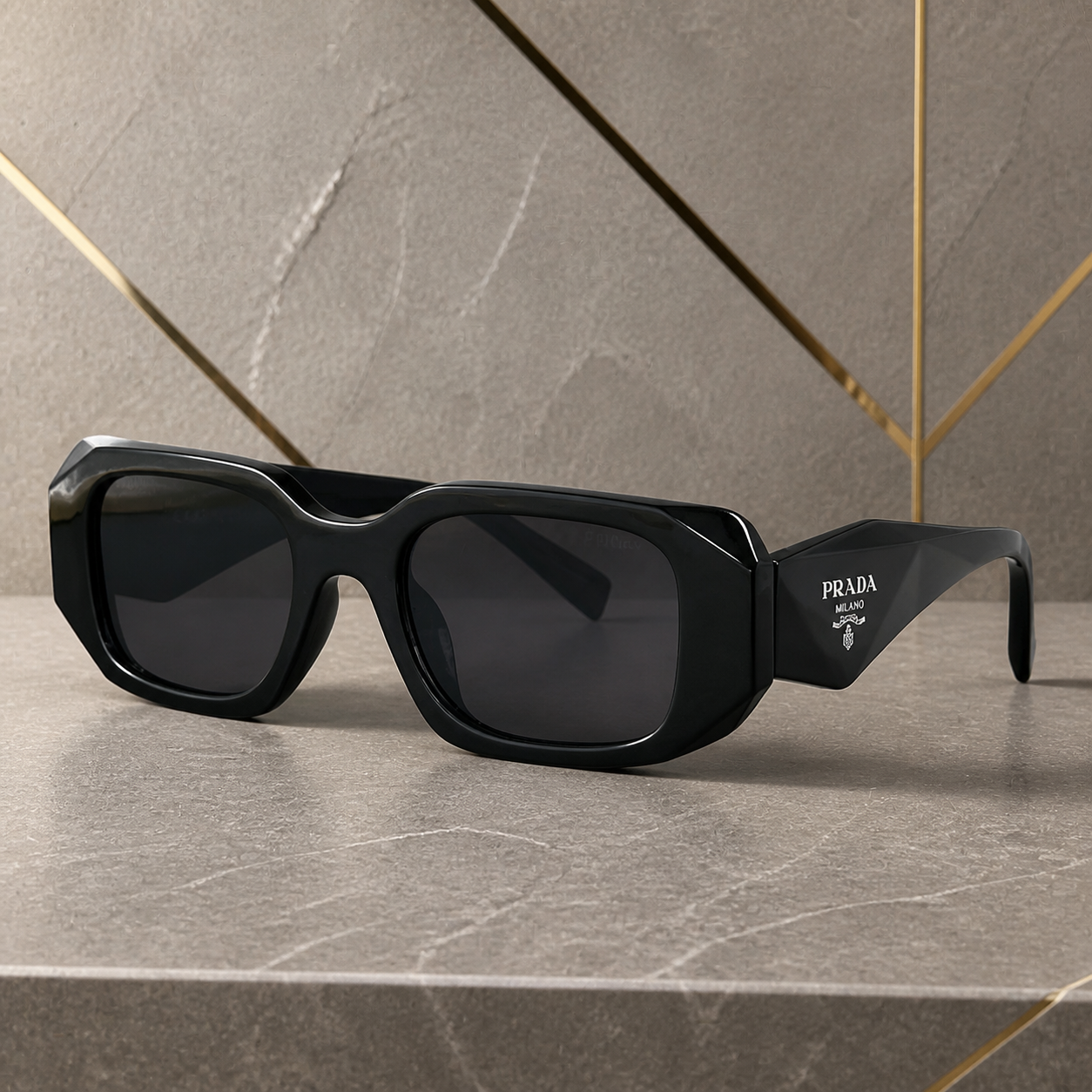 Prada Milano angular rectangular sunglasses in glossy black, faceted frame and temple detail