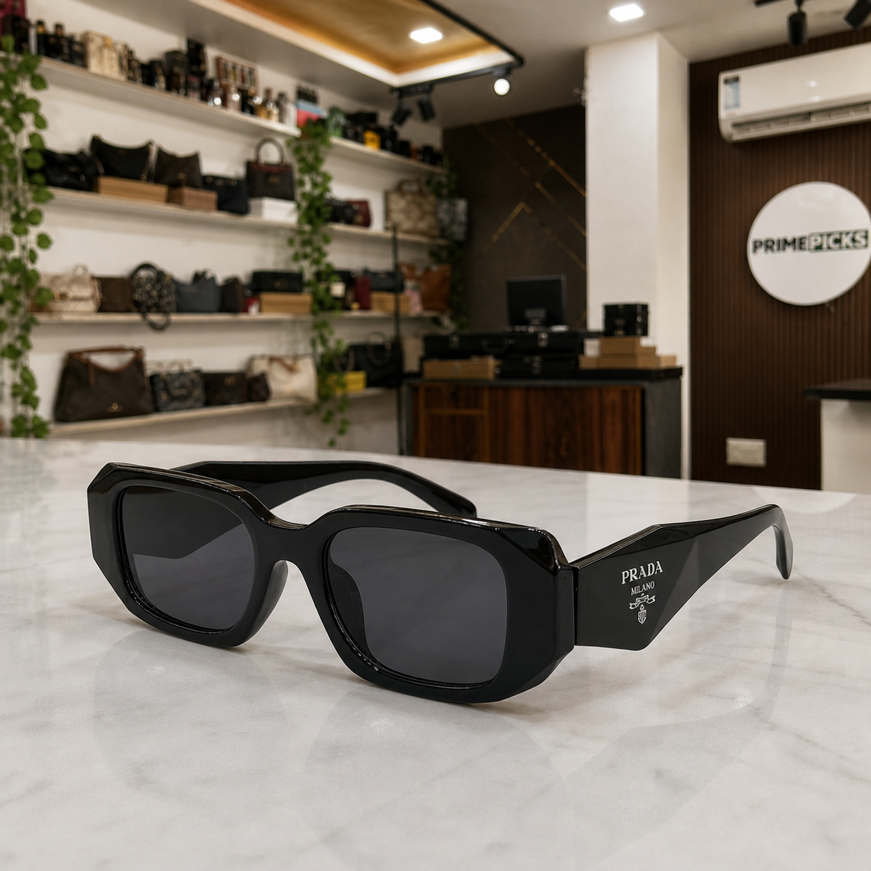 Prada Milano angular rectangular sunglasses in glossy black, PrimePicks office display