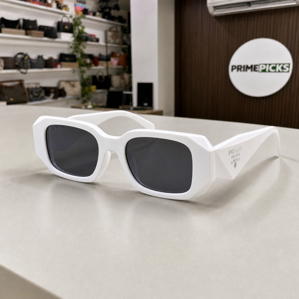 Prada Milano angular rectangular sunglasses in bright white, alternate angle
