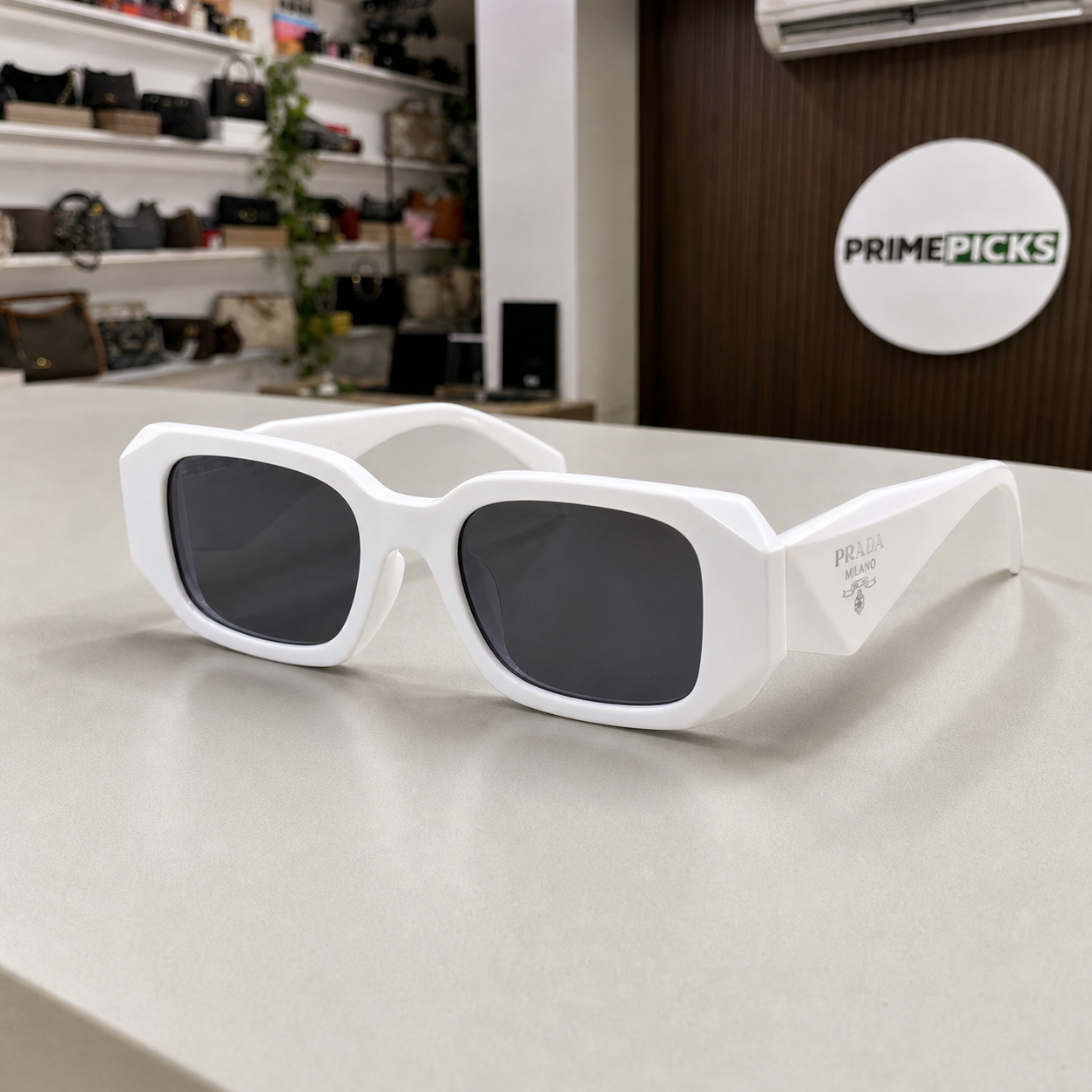 Prada Milano angular rectangular sunglasses in bright white, alternate angle