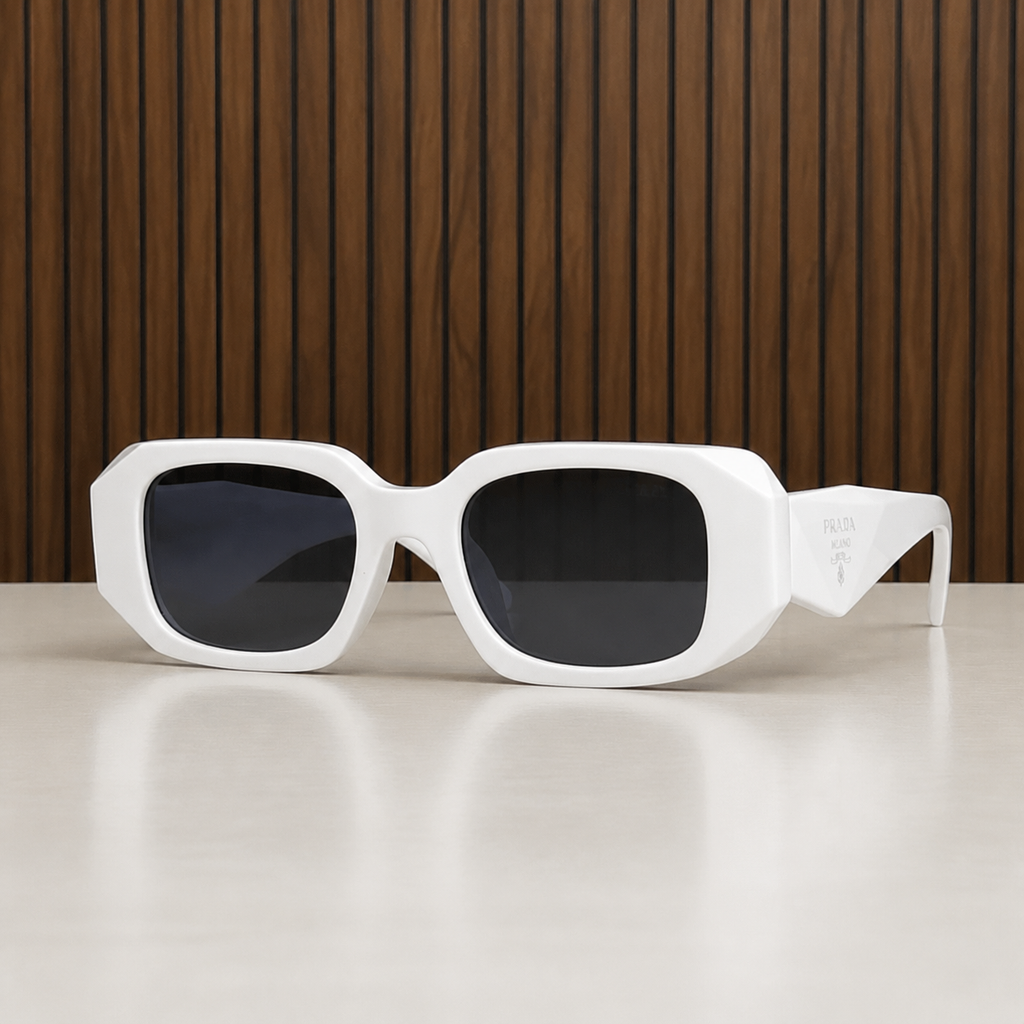 Prada Milano angular rectangular sunglasses in bright white, front view