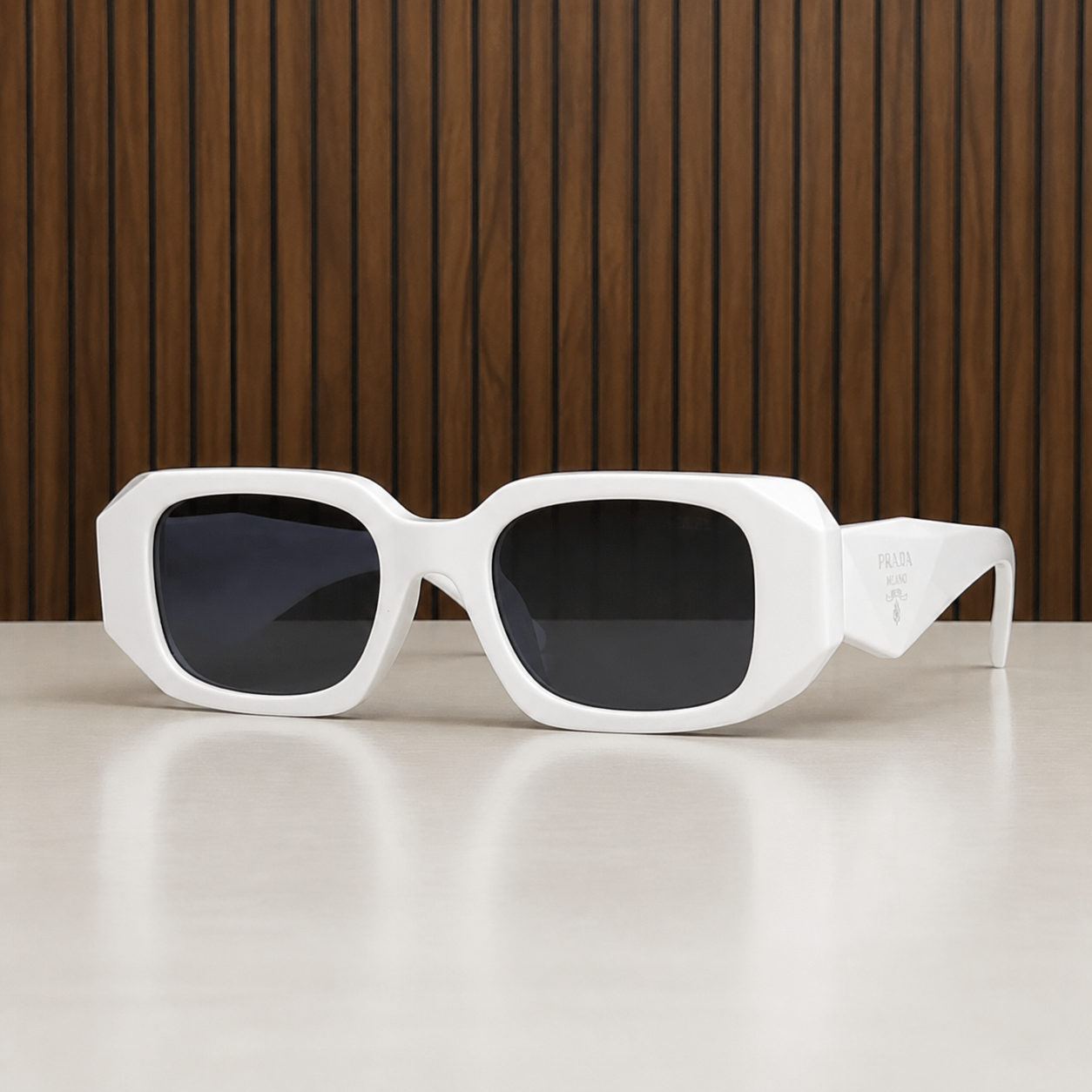 Prada Milano angular rectangular sunglasses in bright white, front view