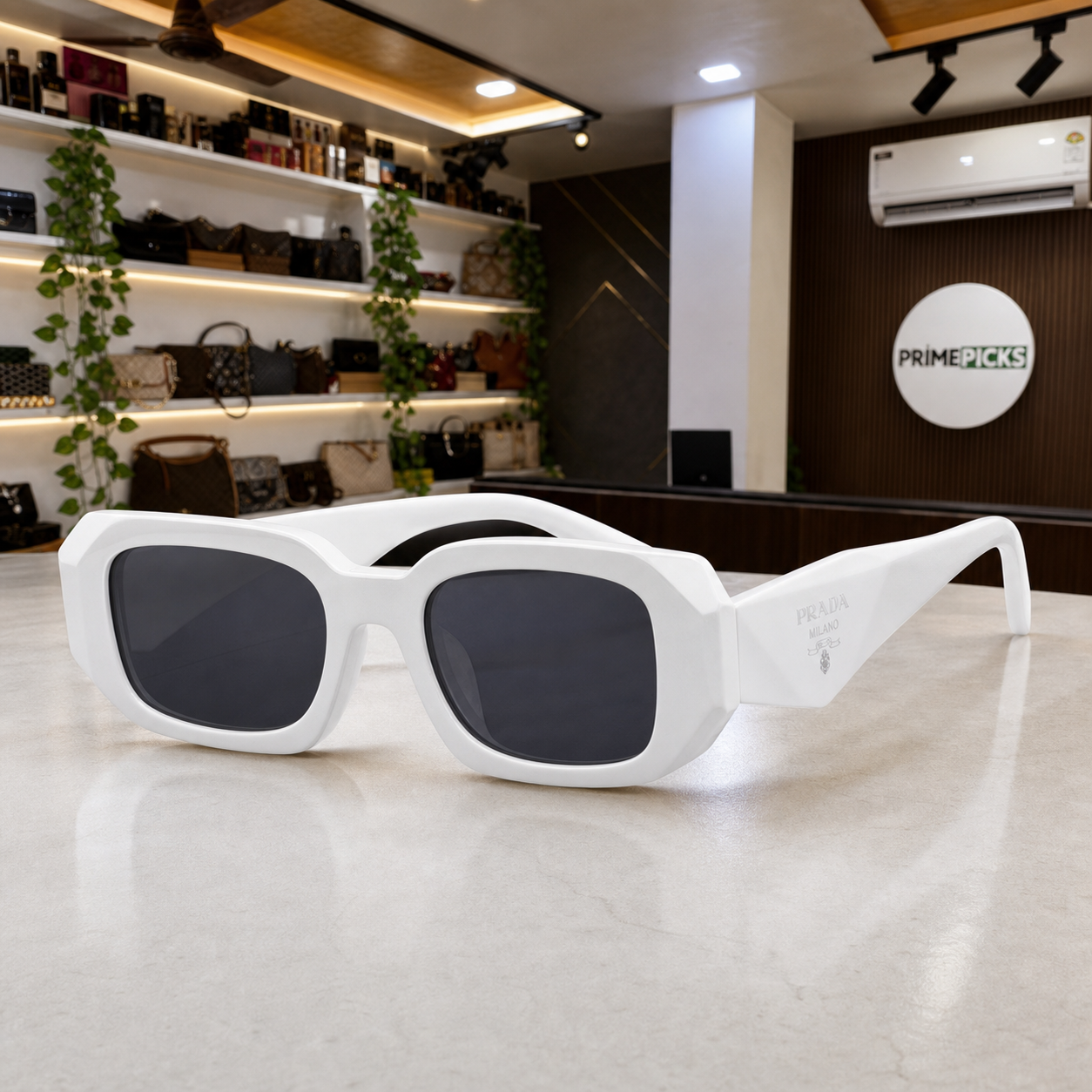 Prada Milano angular rectangular sunglasses in bright white, PrimePicks office display