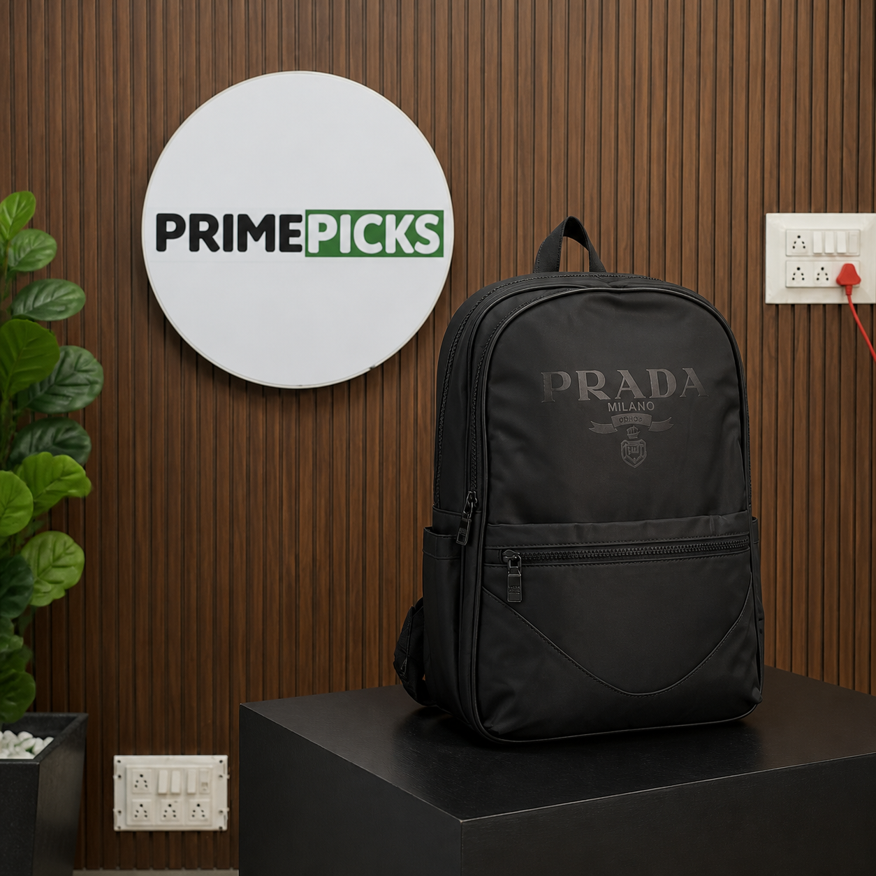 Prada Re-Nylon black backpack with full PRIMEPICKS office logo board