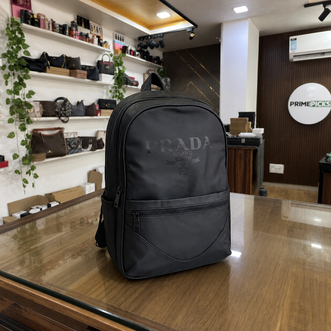 Prada black laptop and travel backpack in the PRIMEPICKS showroom