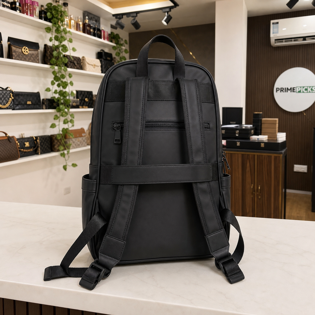 Prada black backpack rear view with shoulder straps and trolley sleeve